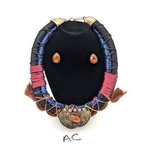 Vintage Victorian Revival Necklace Handmade Fiber Macrame Rhinestone Amber Stud